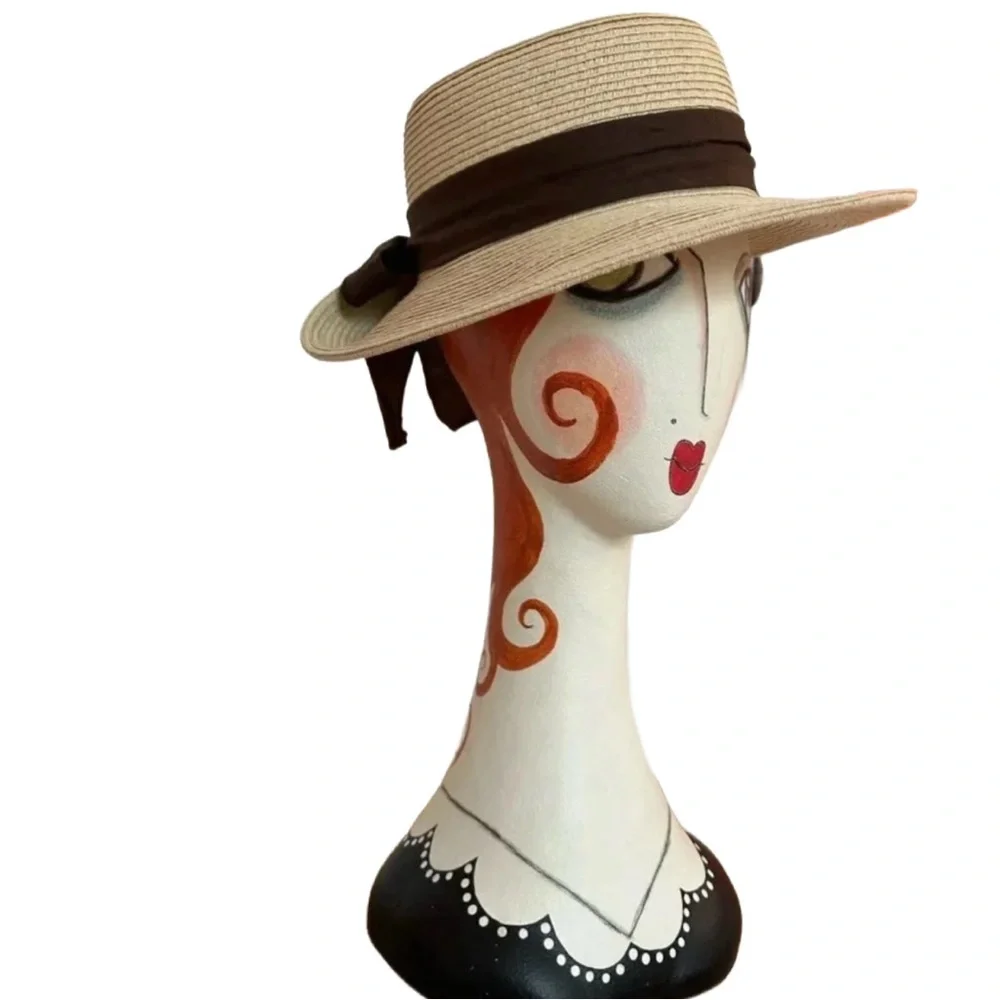 KALLINA ~ Women’s Neutral color beach or garden hat brown ribbon accent OS